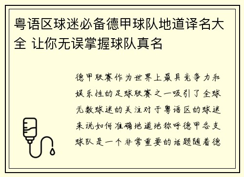 粤语区球迷必备德甲球队地道译名大全 让你无误掌握球队真名