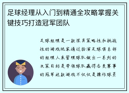足球经理从入门到精通全攻略掌握关键技巧打造冠军团队