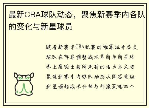 最新CBA球队动态，聚焦新赛季内各队的变化与新星球员